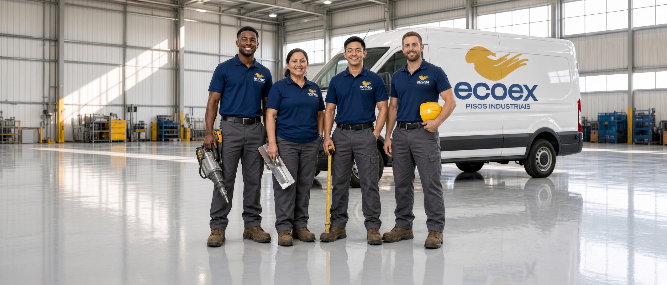 Equipe Ecoex no piso epóxi de um galpão industrial, ao lado do veículo da empresa